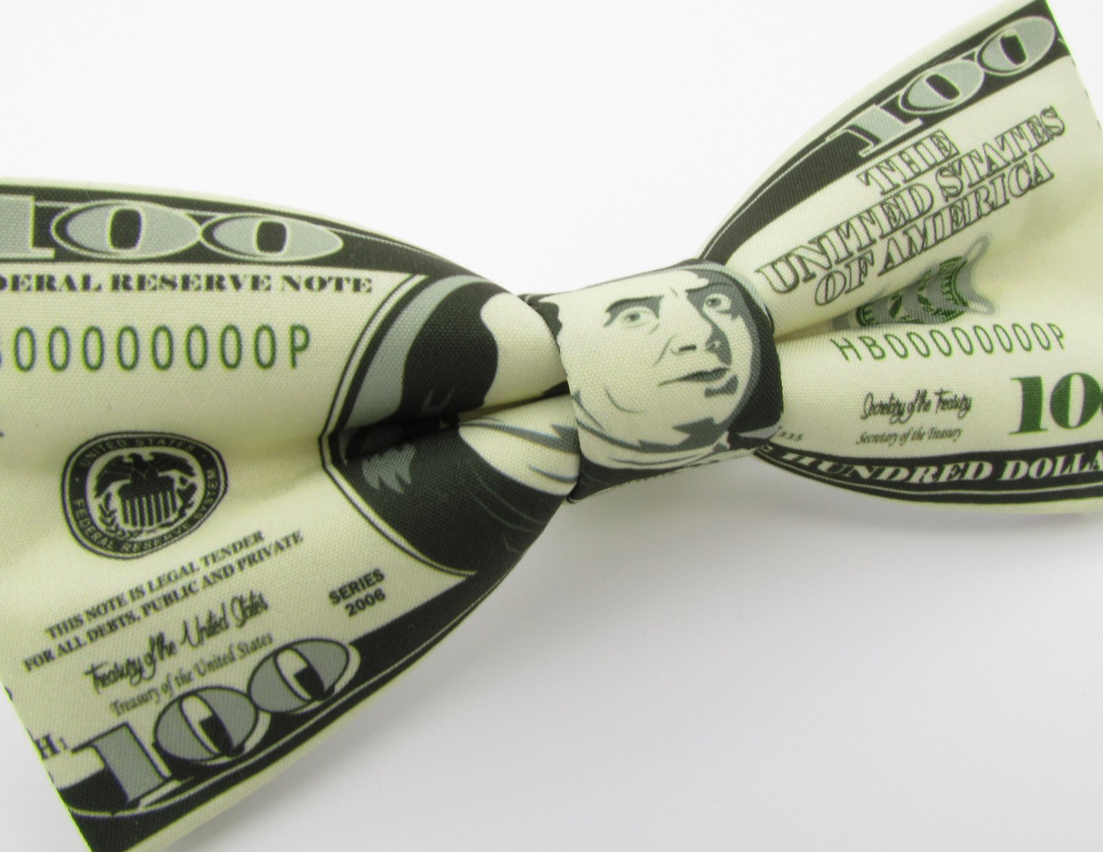 thumbnail image 2 of 100 Dollar Bill Men's Money Bow Tie – Beige, Novelty Print, Adjustable Neck, Woven Polyester 2 of 5