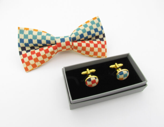 Rainbow Checkerboard Patterned Bowtie & Cufflinks - Image 6
