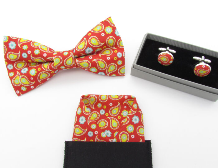 Bright Red & Yellow Paisley Bowtie Set - Image 9