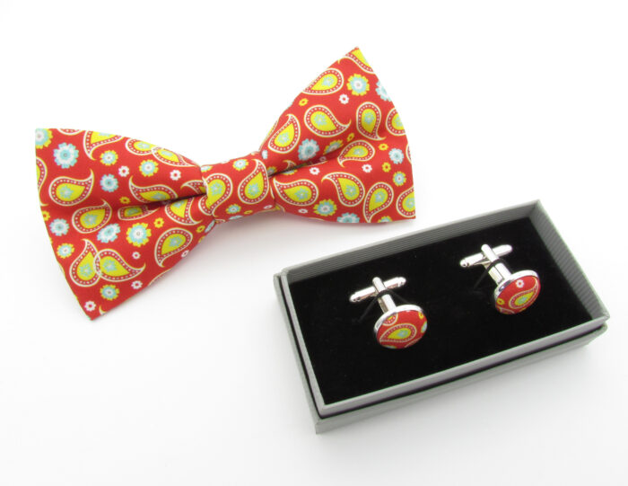 Bright Red & Yellow Paisley Bowtie Set - Image 7