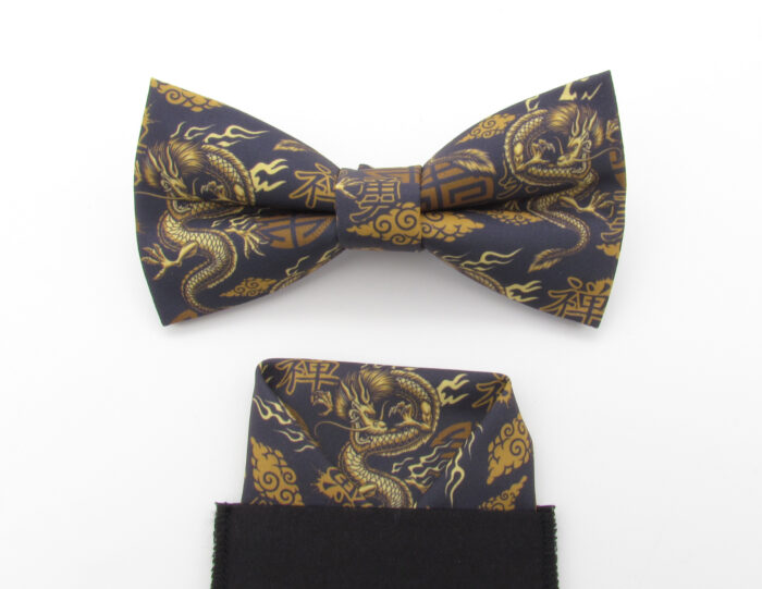 Golden Dragon Patterned Bowtie & Faux Pocket Square - Image 5