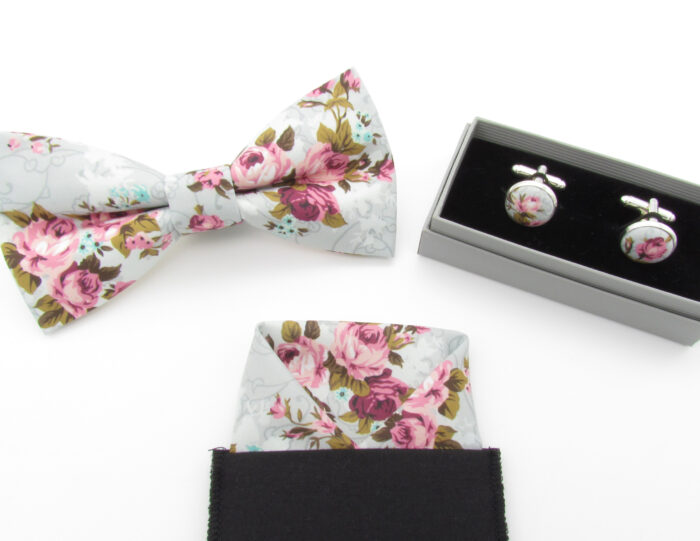 Grey and Pink English Rose Bowtie Set - Image 9