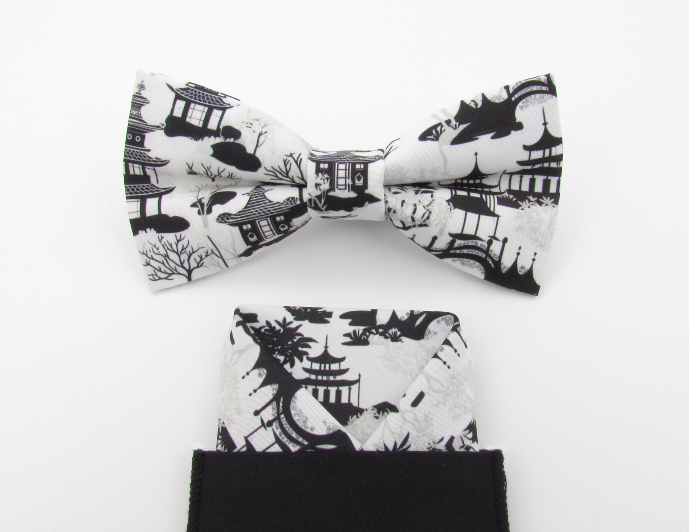 White and Black Chinoiserie Pattern Bowtie Set - Image 6