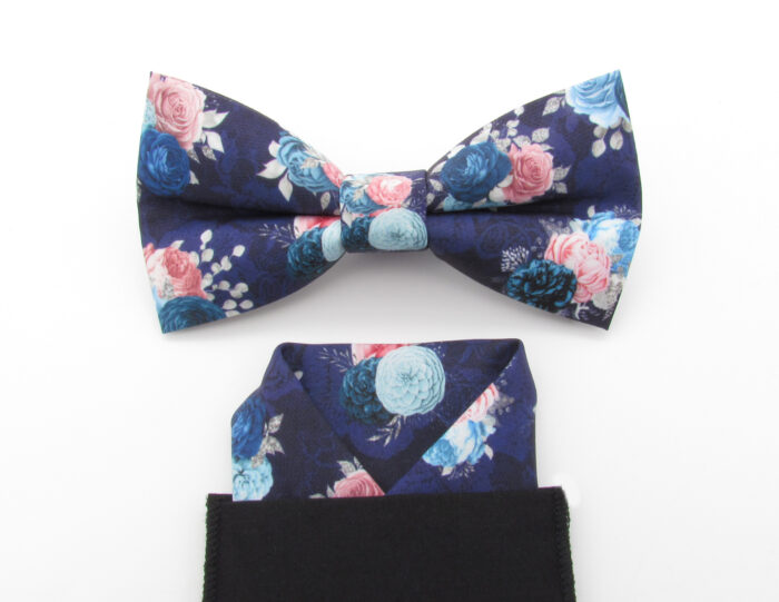 Pink and Blue Floral Bowtie & Faux Pocket Square - Image 3