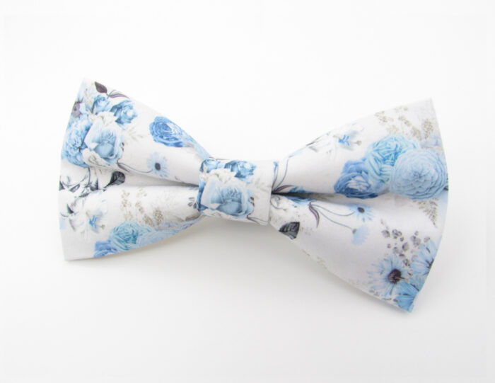 White and Pale Blue Floral Patterned Bowtie & Faux Pocket Square - Image 3