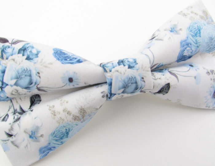 White and Pale Blue Floral Patterned Bowtie & Faux Pocket Square - Image 4