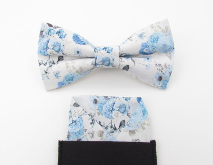 White and Pale Blue Floral Patterned Bowtie & Faux Pocket Square - Image 5