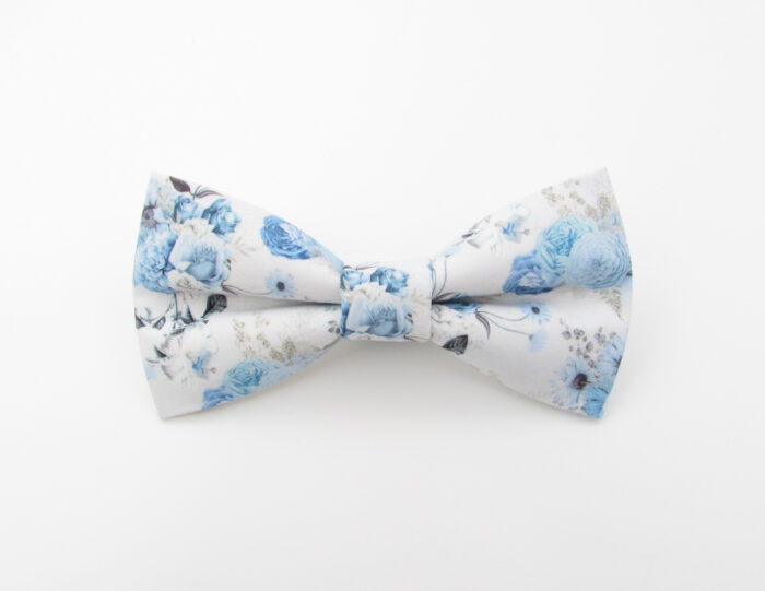 White and Pale Blue Floral Patterned Bowtie & Faux Pocket Square