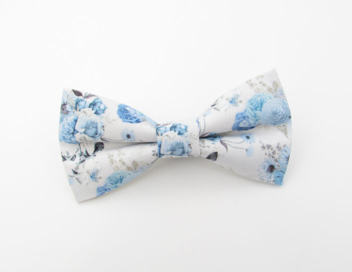 White and Pale Blue Floral Patterned Bowtie & Faux Pocket Square - Image 2