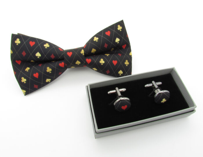 Red Black and Gold Card Suit Patterned Bowtie Set - Image 5