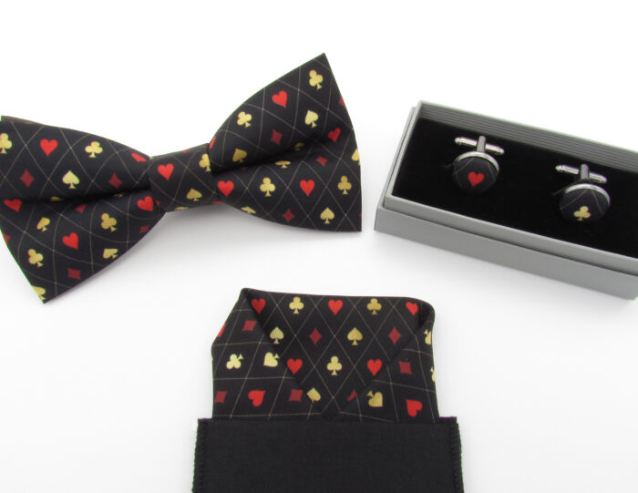 Red Black and Gold Card Suit Patterned Bowtie Set - Image 7