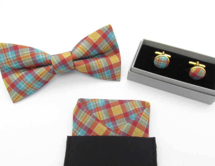 Red, Blue and Yellow Printed Tartan Bowtie Set - Image 7