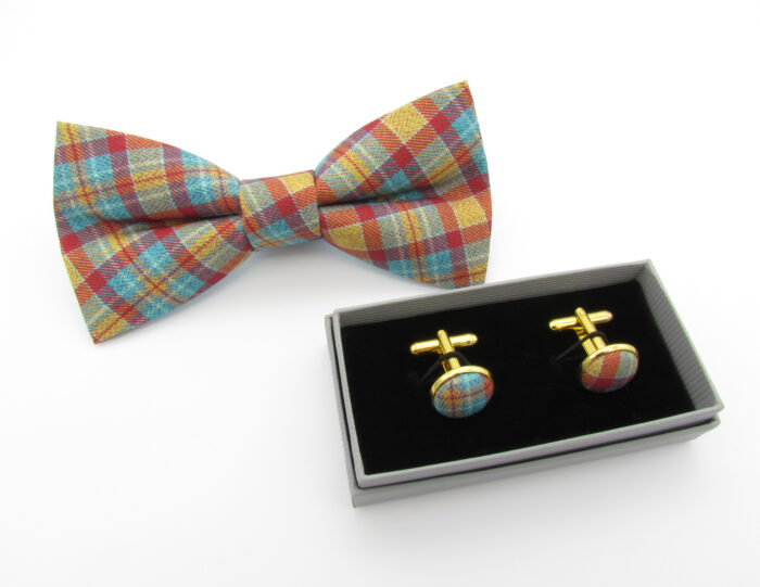 Red, Blue and Yellow Printed Tartan Bowtie Set - Image 5