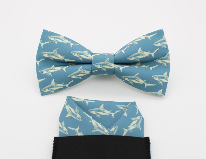 Cream and Blue Shark Bowtie & Faux Pocket Square - Image 5