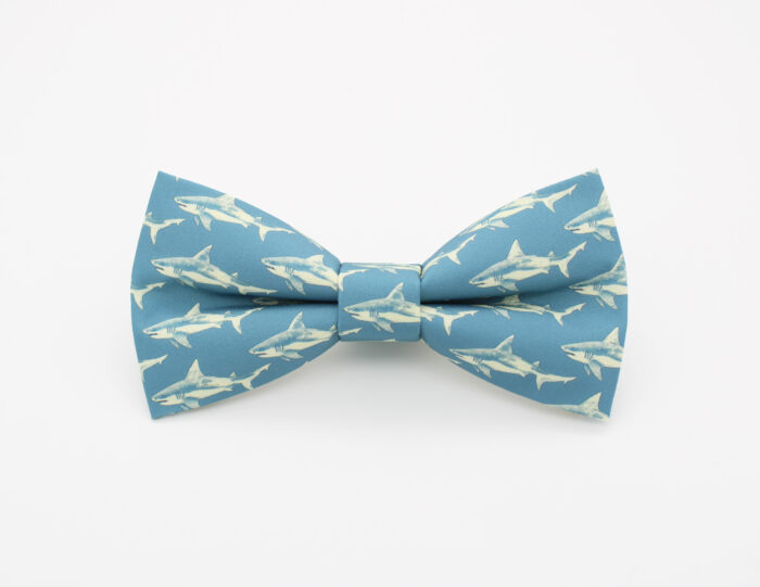 Cream and Blue Shark Bowtie & Faux Pocket Square