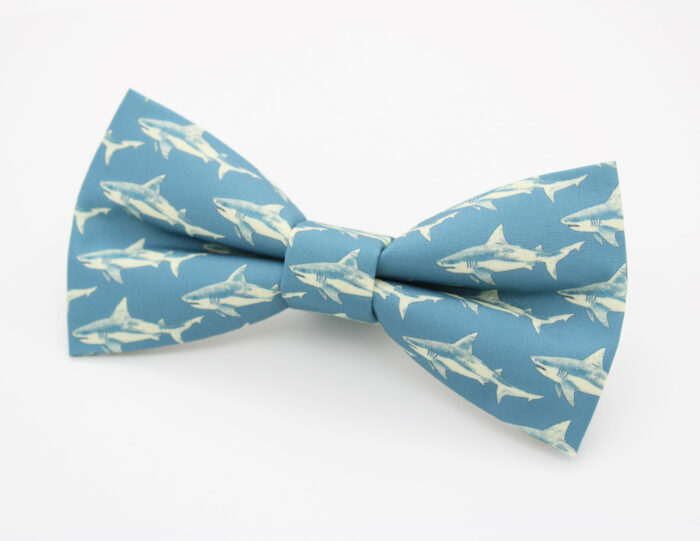 Cream and Blue Shark Bowtie & Faux Pocket Square - Image 3