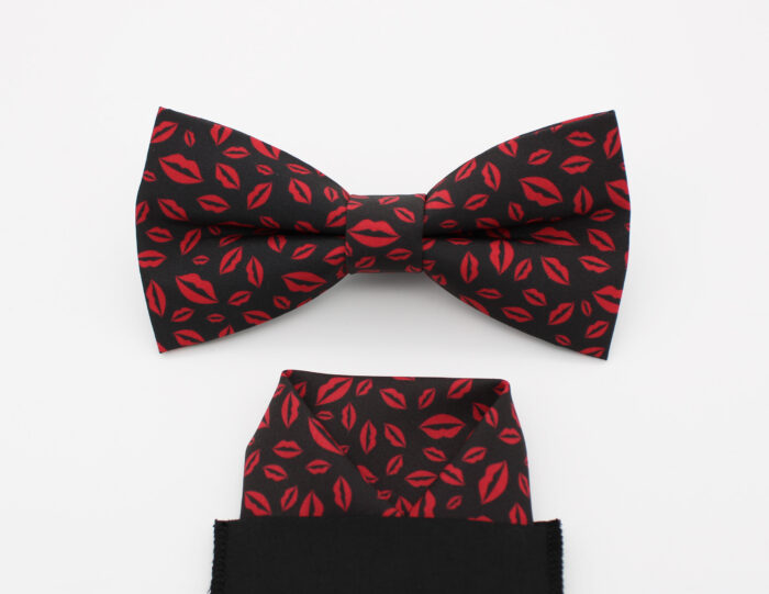 Black and Red Lips Patterned Bowtie and Faux Pocket Square - Image 3