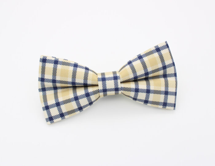 Beige & Navy Plaid Bow Tie and Faux Pocket Square - Image 2