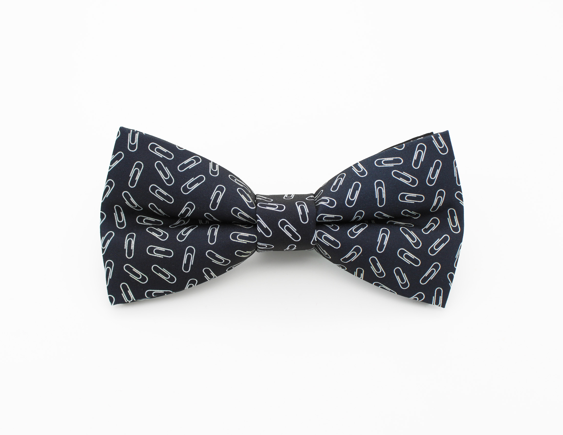 A Bowtie made from a fabric featuring silver paperclips on a black background