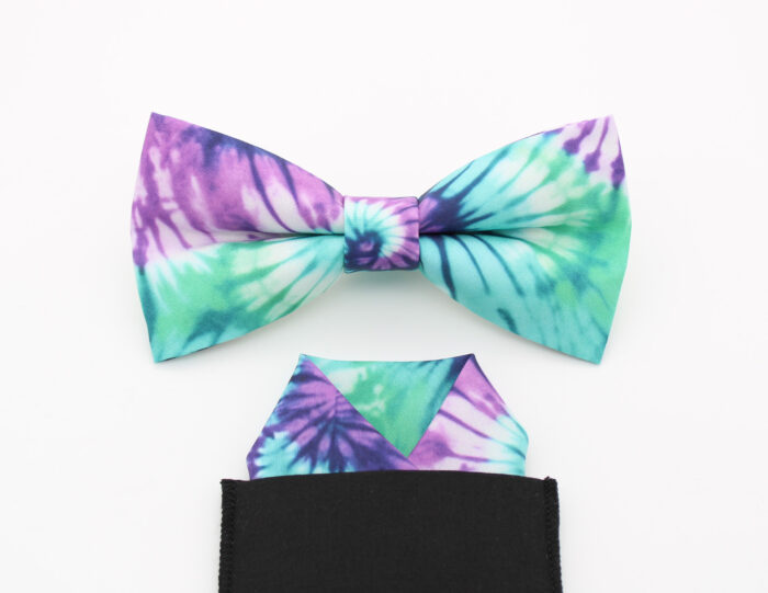 Teal & Purple Tie-Dye Bowtie and Faux Pocket Square - Image 5
