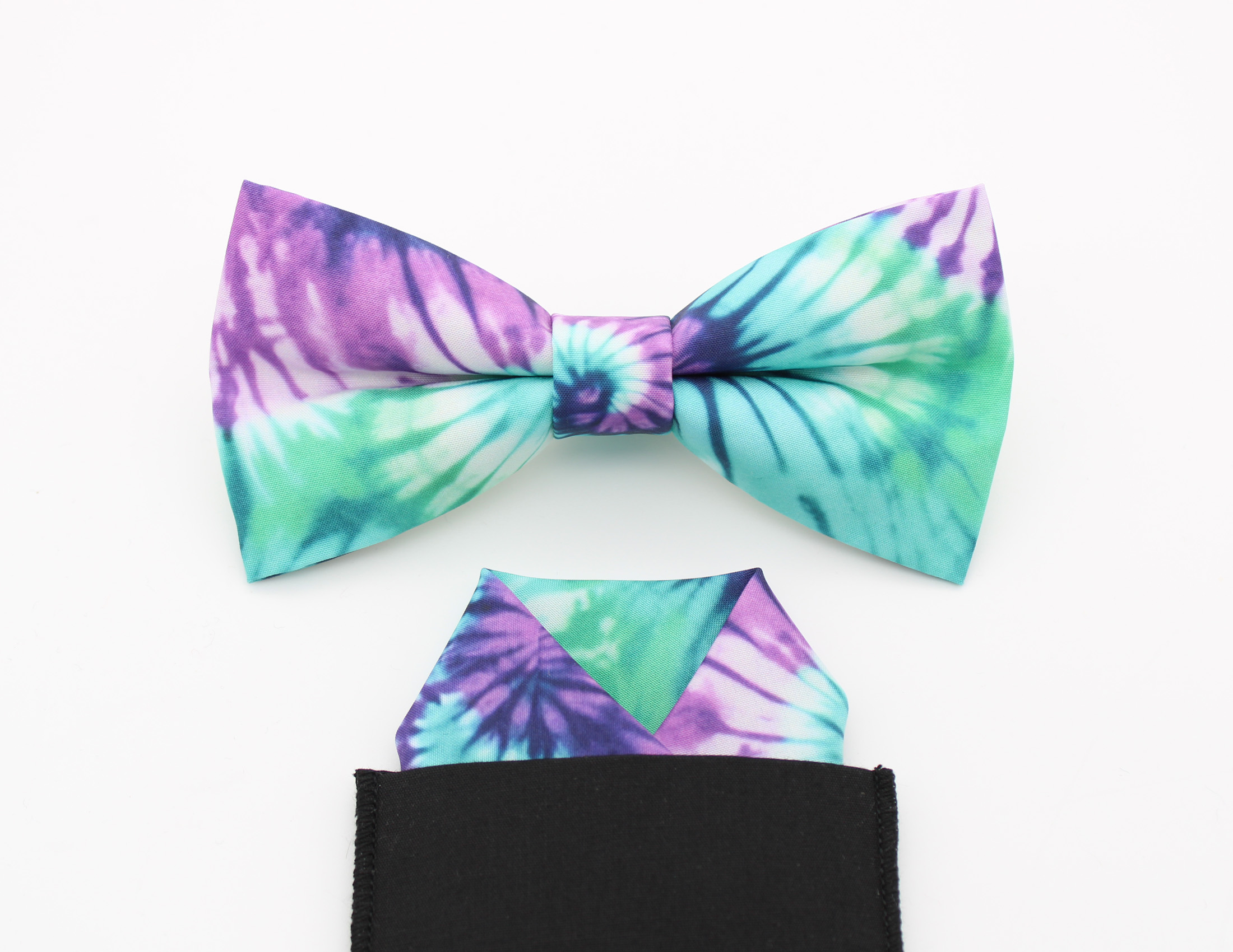 Teal & Purple Tie-Dye Bowtie and Faux Pocket Square - Image 5