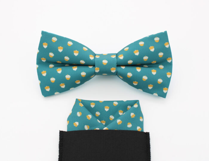 Teal Acorn Print Bowtie & Faux Pocket Square - Image 3