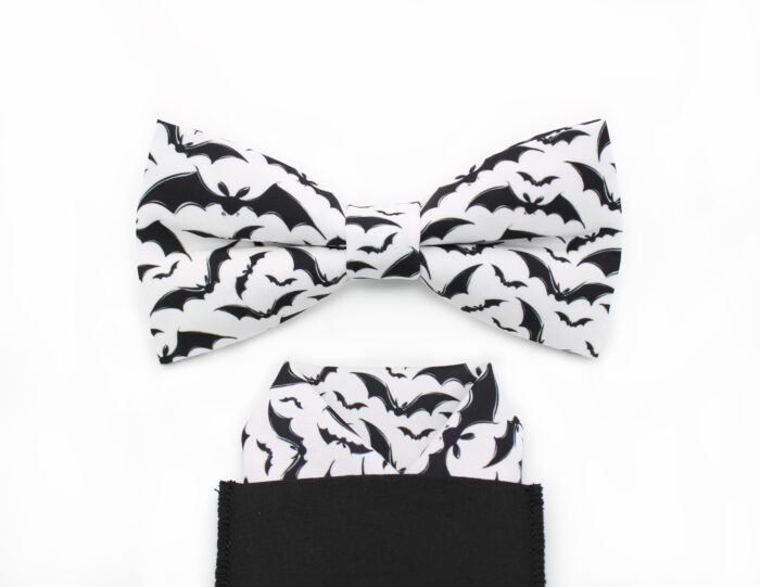Black Bat Print Bowtie & Faux Pocket Square - Image 4