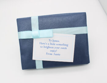 Gift Wrapped order in Blue paper with a pale blue ribbon and a gift tag