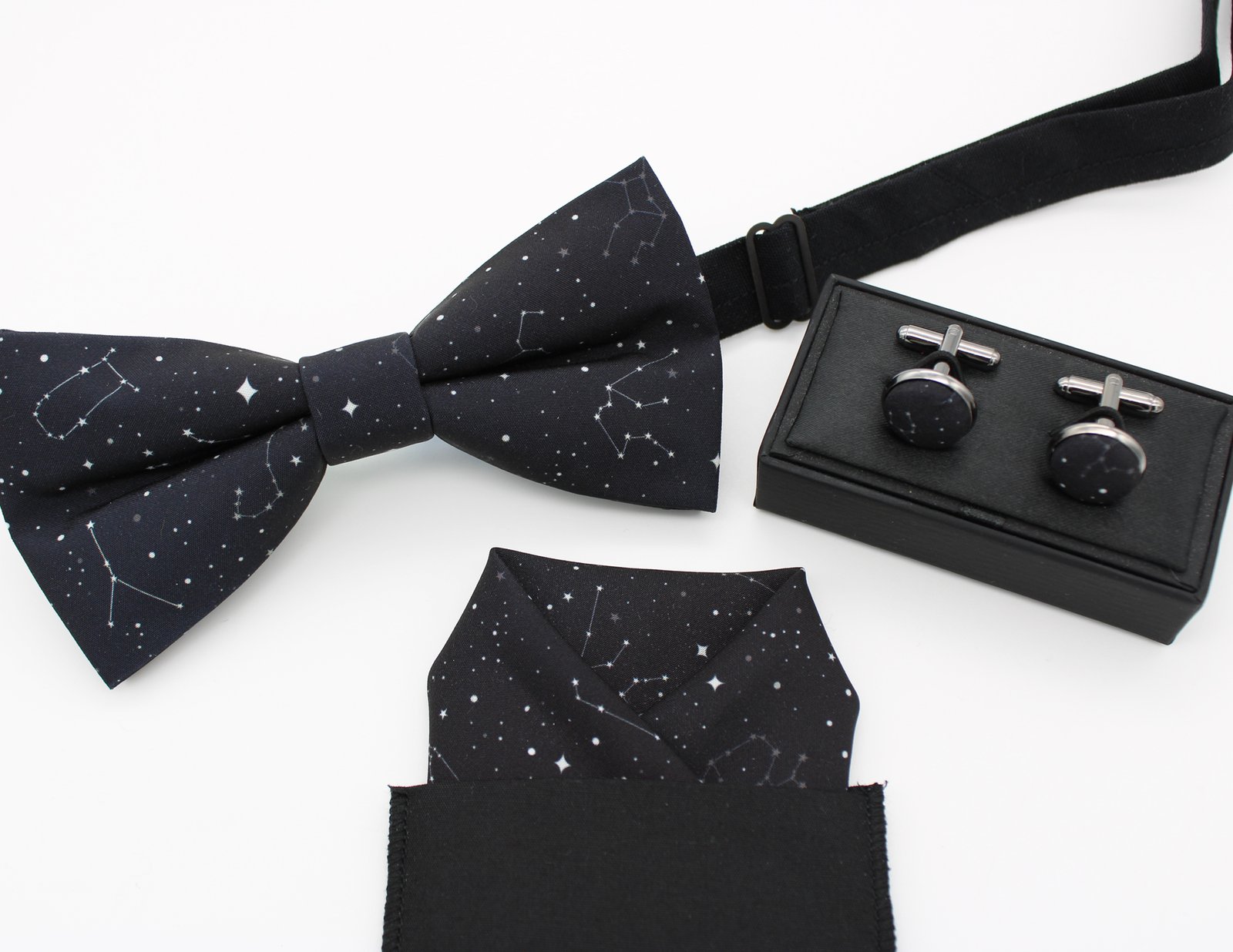 Black Constellation Print Bowtie, Faux Pocket & Cufflinks - Image 6